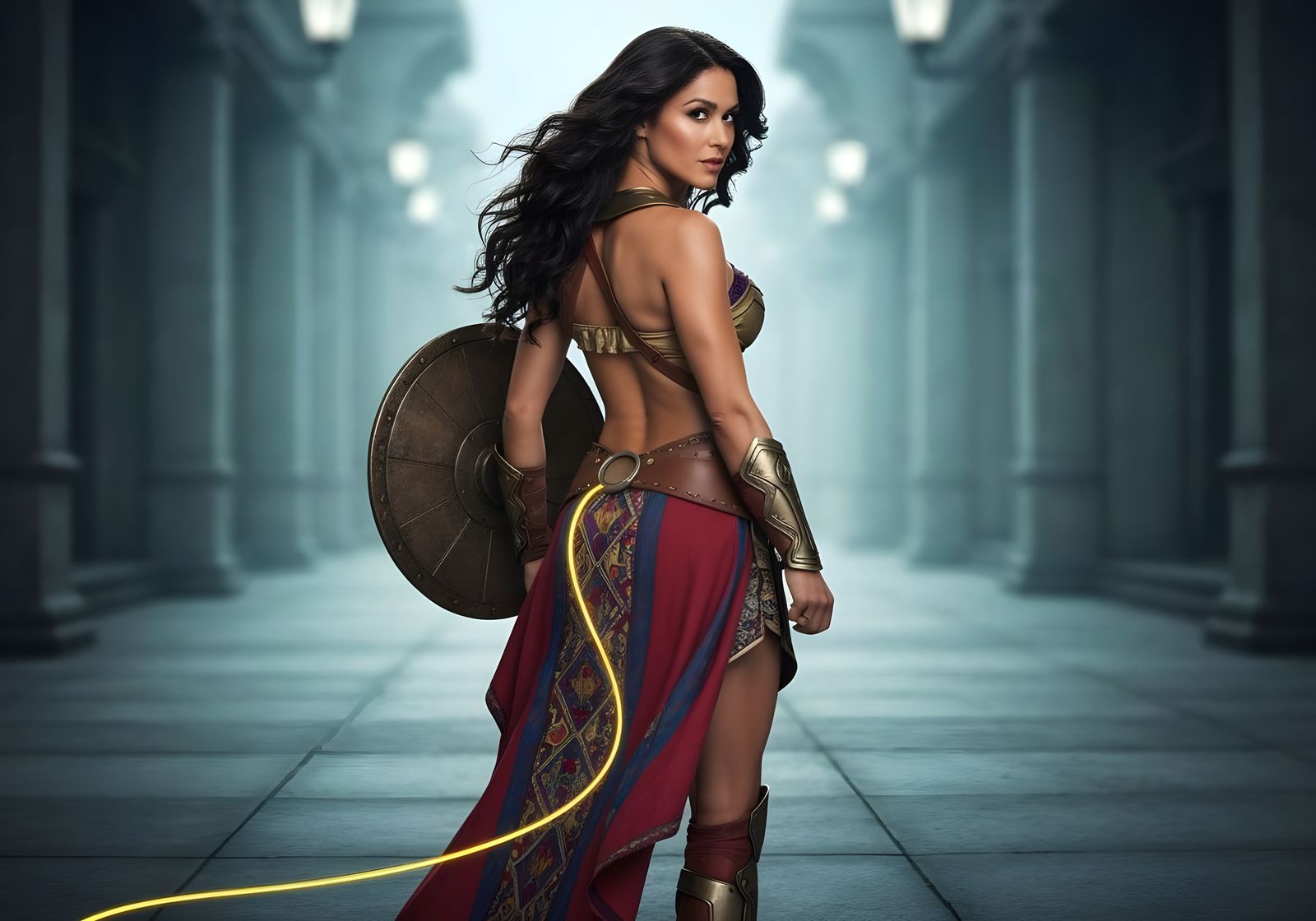 Wonder Woman in Traditional Amazon Attire Holding Shield