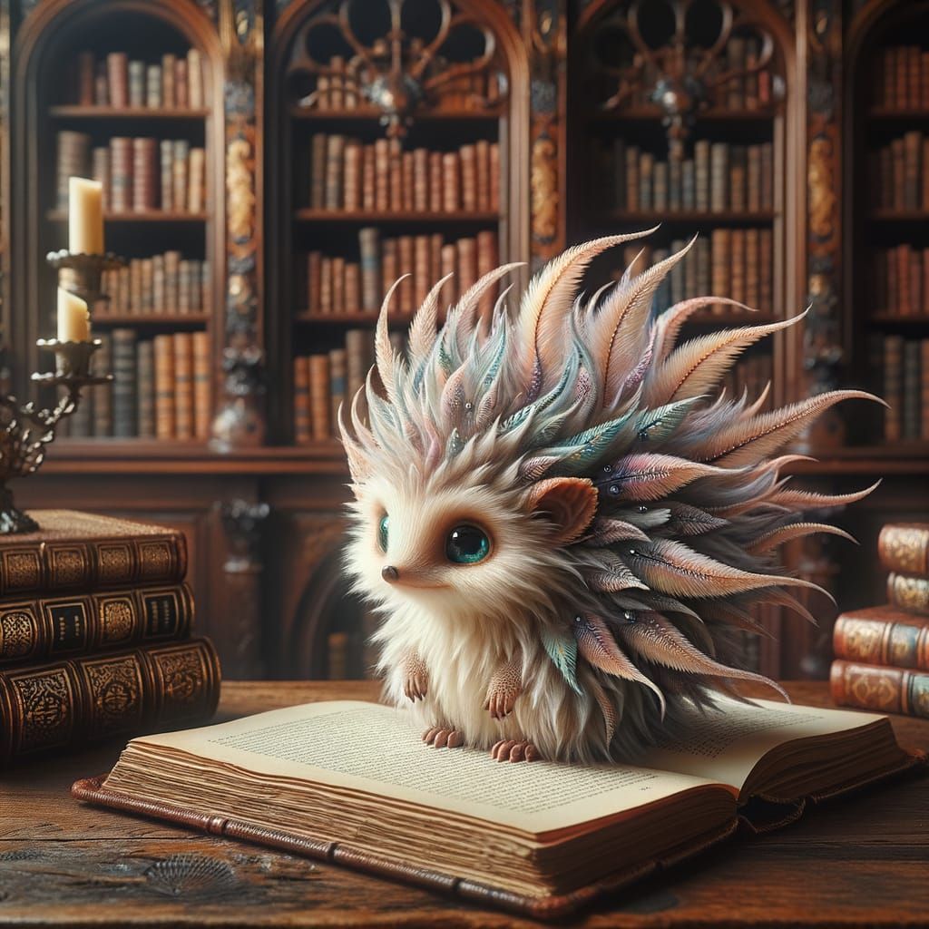 Feathered Hedgehog Reading in Antique Library