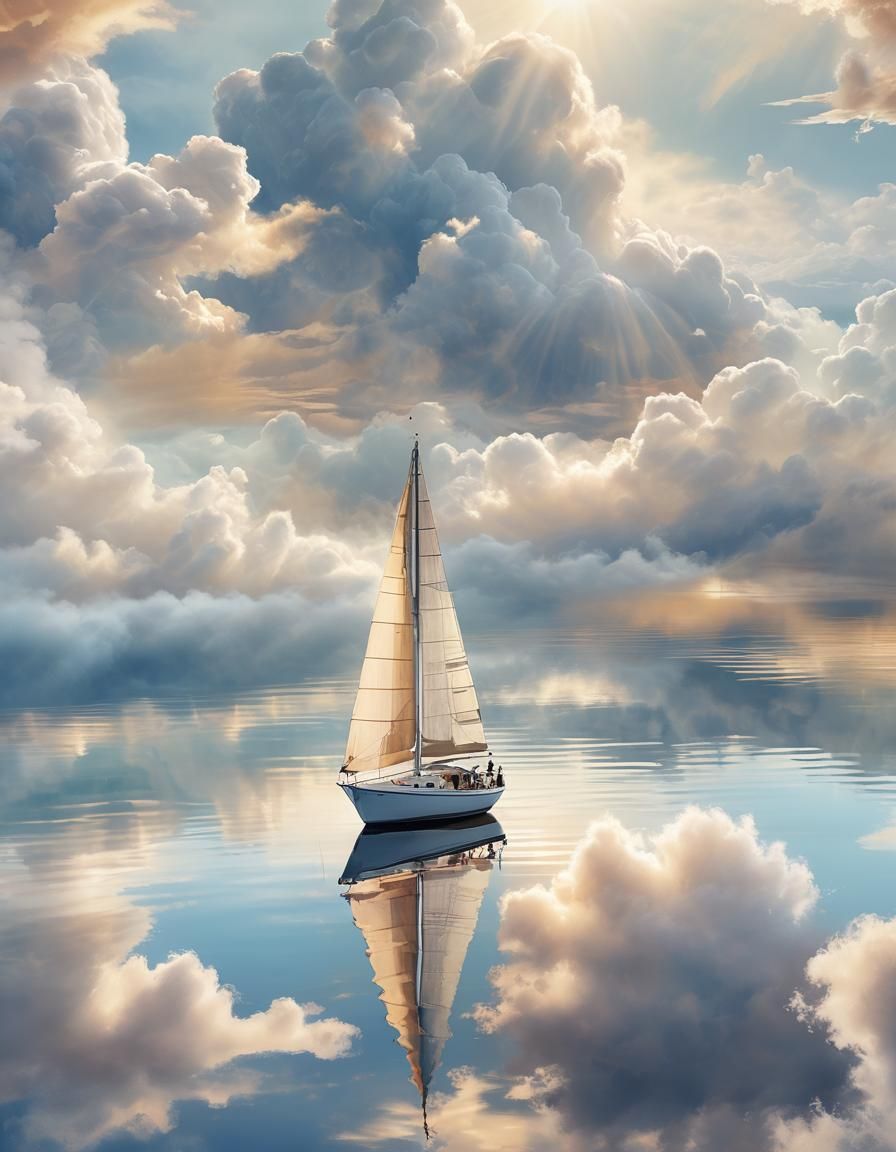 Ethereal Sailboat Glides on Cloud Lake in Dreamcore Art