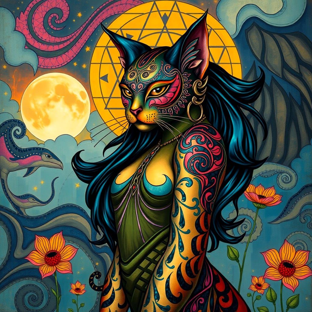 Art Nouveau Encaustic Bastet Goddess