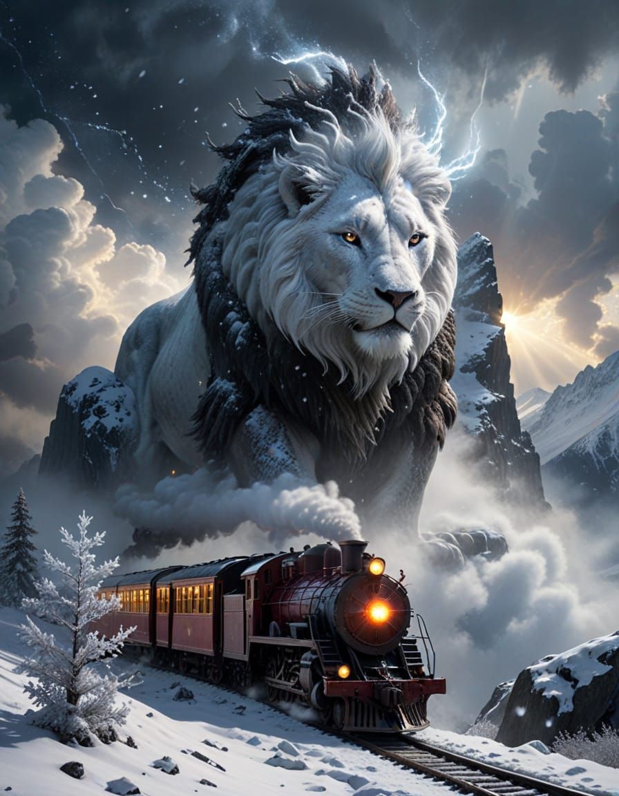 Fantasy Steam Train Under Guardian Lion Mountain