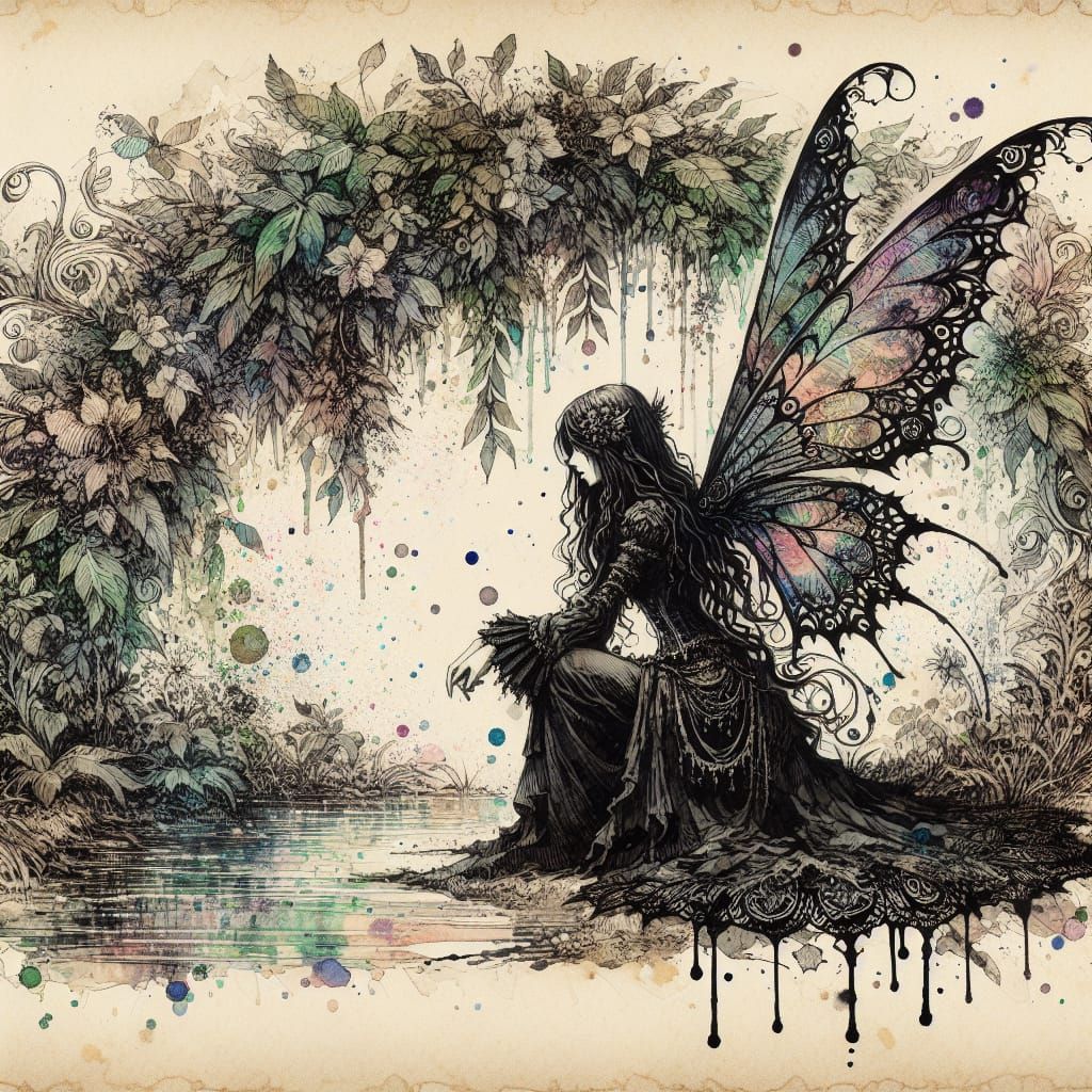 Gothic Fairy Watercolor Splatter Painting