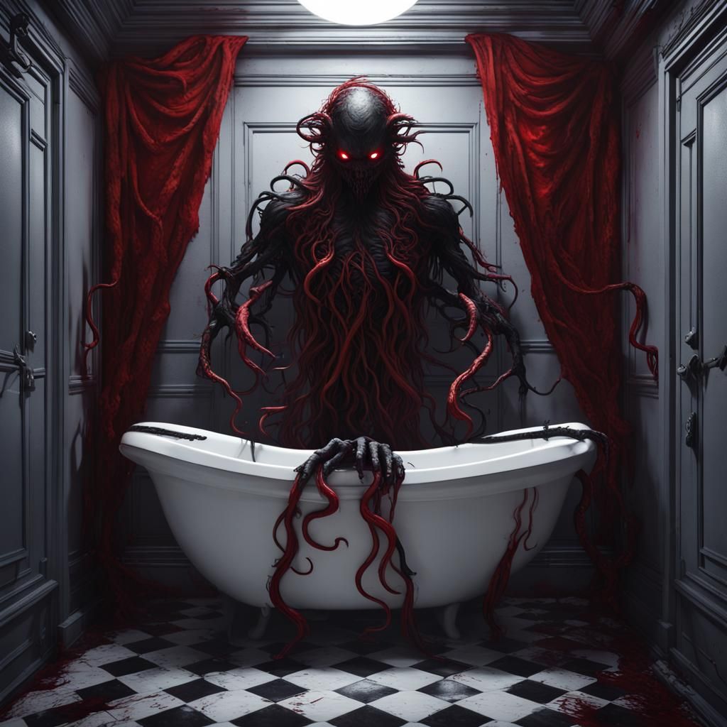 Eldritch Monster in Bathroom: Red and Black Horror