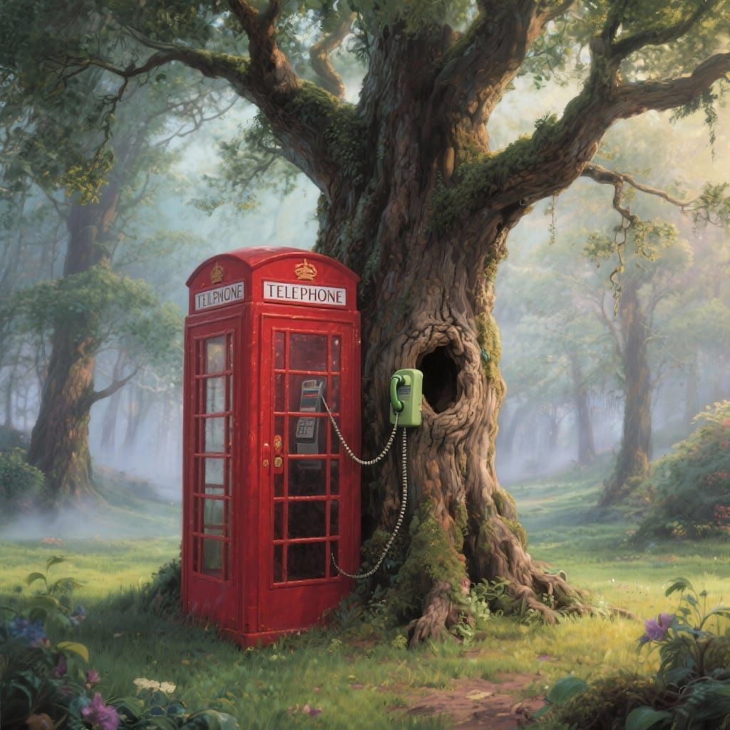 Whimsical Oak Tree with Phone Booth in Misty Forest