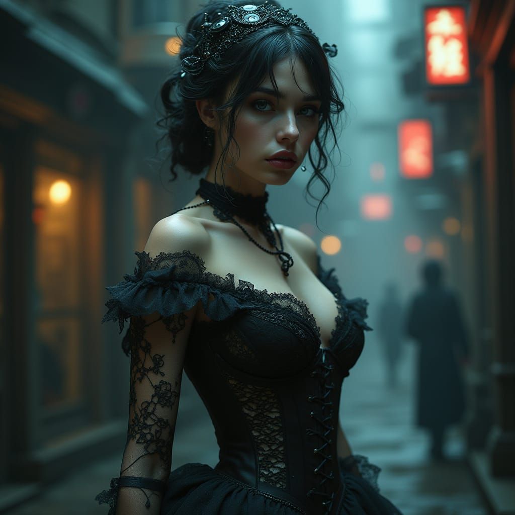 Seductive Victorian Siren in Cyberpunk Shadows
