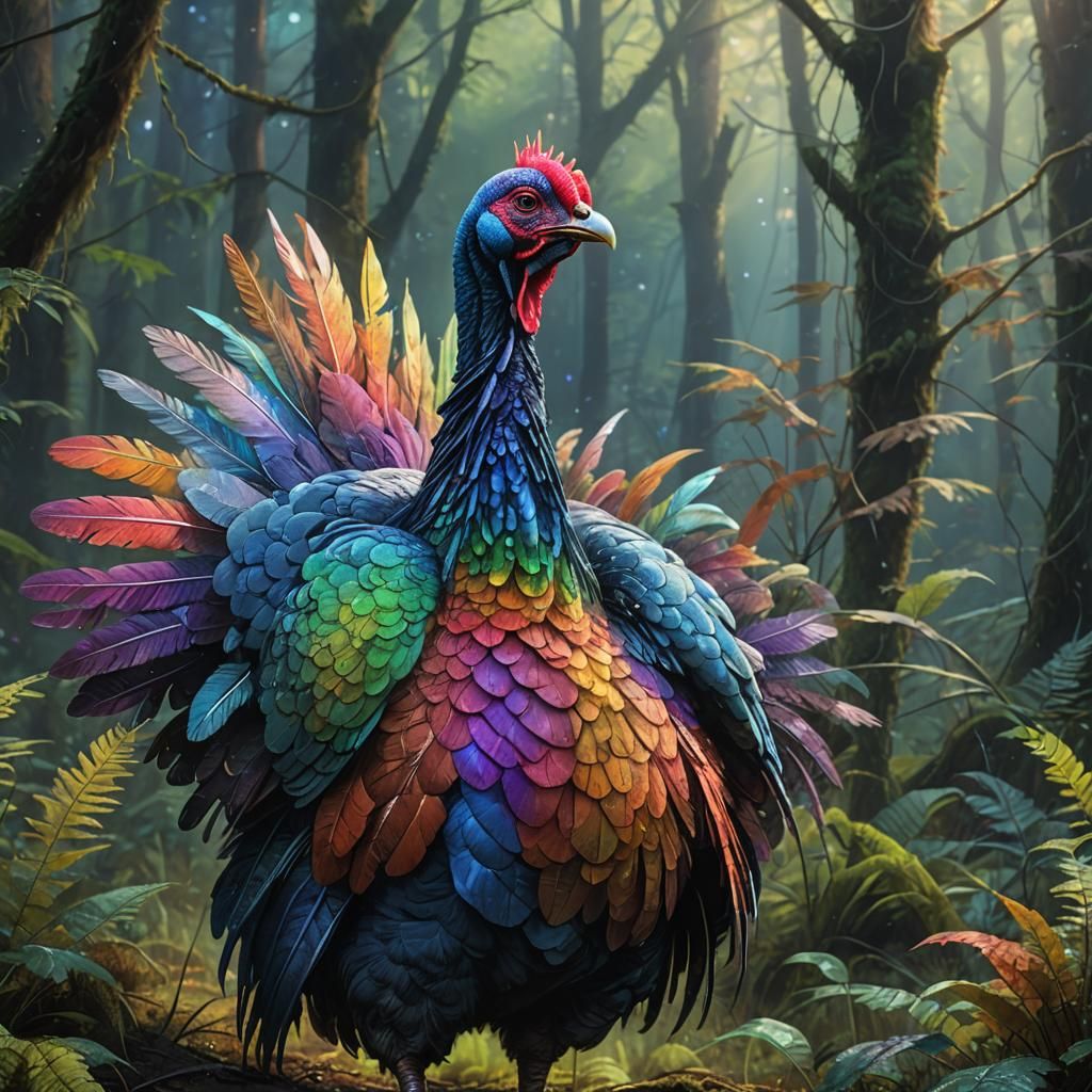 Rainbow Turkey in Misty Forest: Fantasy Concept Art