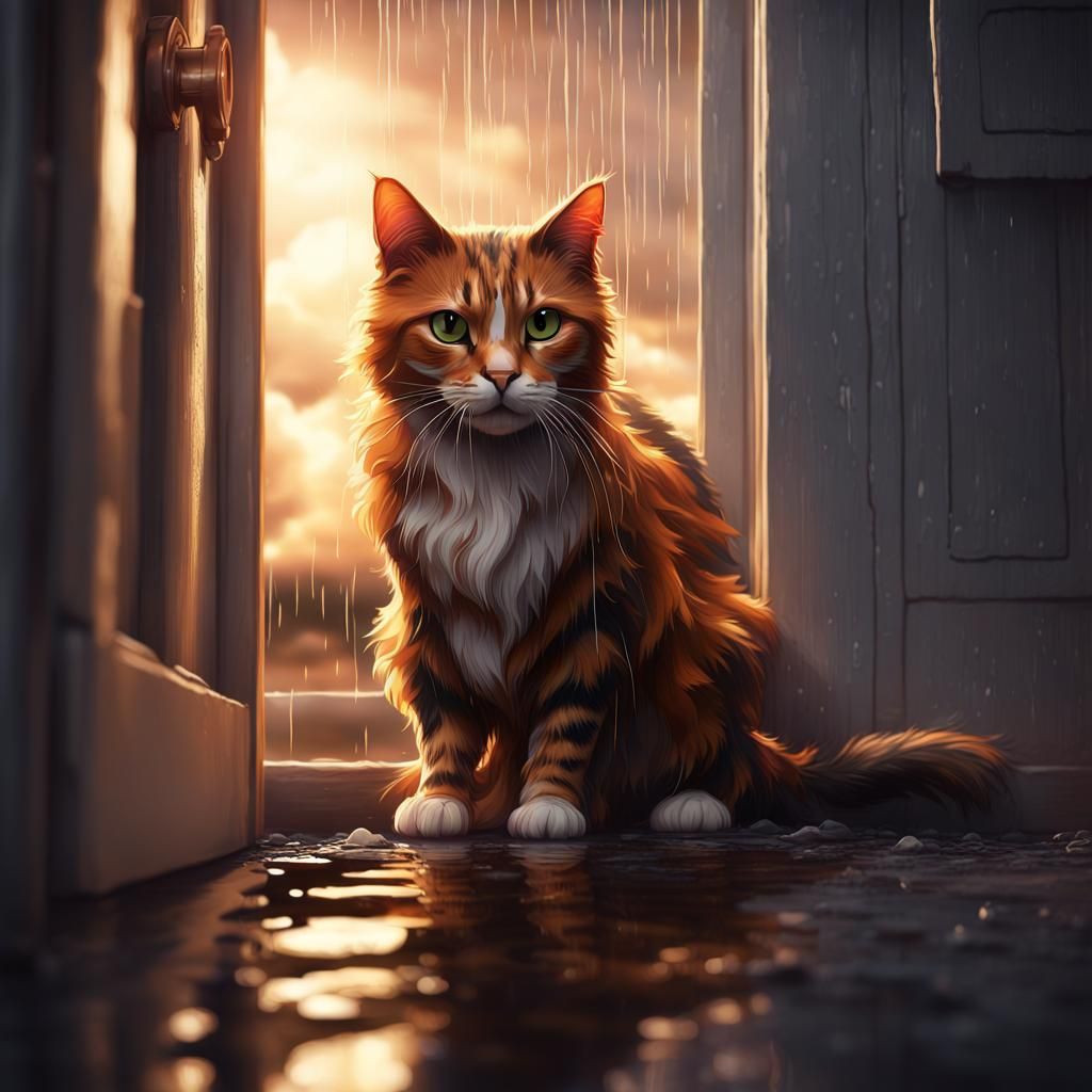 Miserable Wet Calico Cat Enters Cozy Home