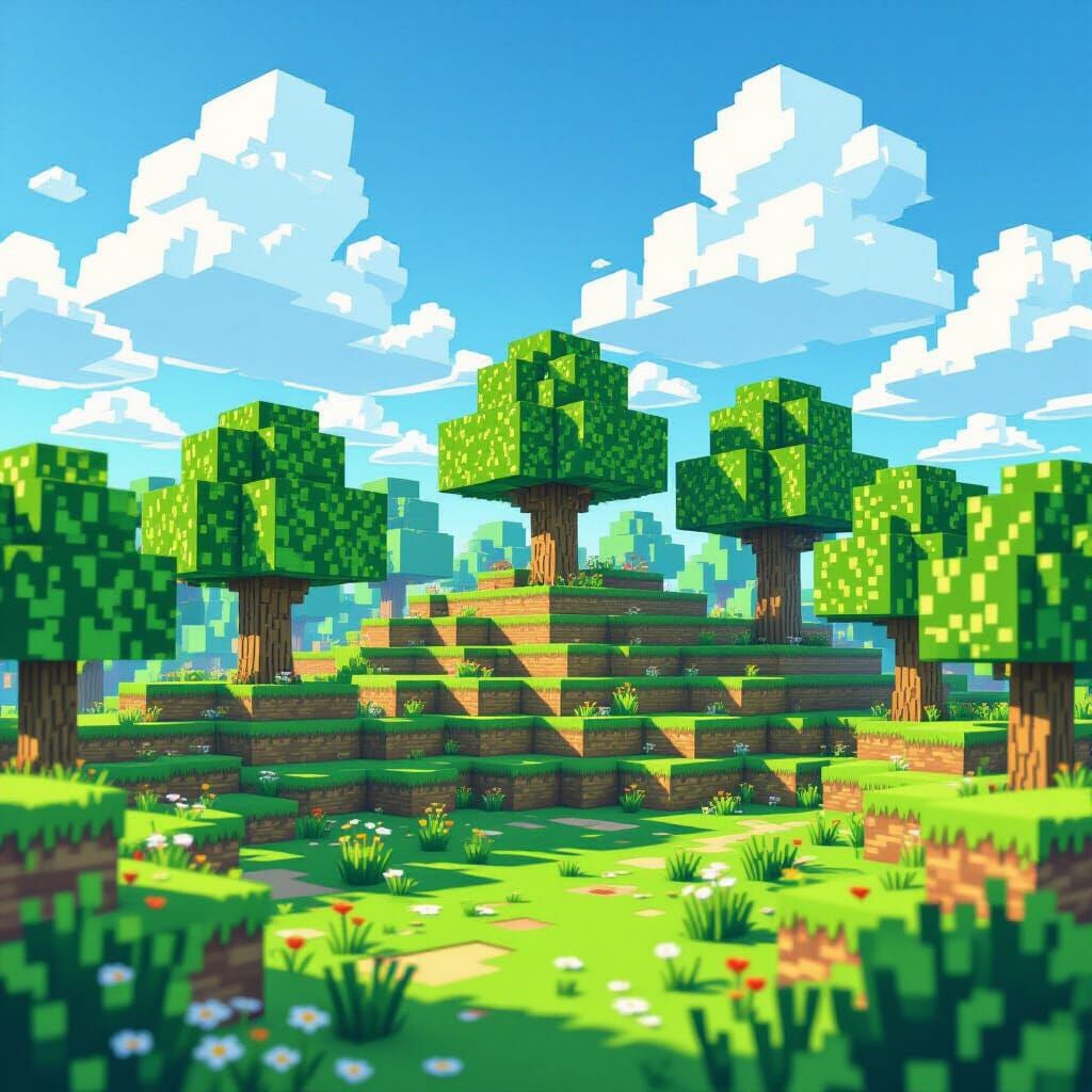 Vibrant Blocky Landscape in Minecraft Style