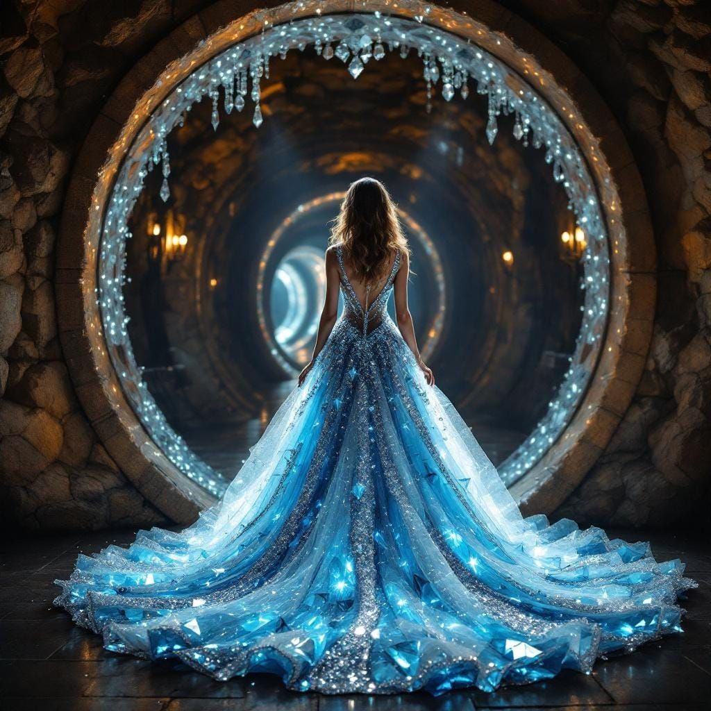 Woman in Crystal Dress at Mineshaft Entrance