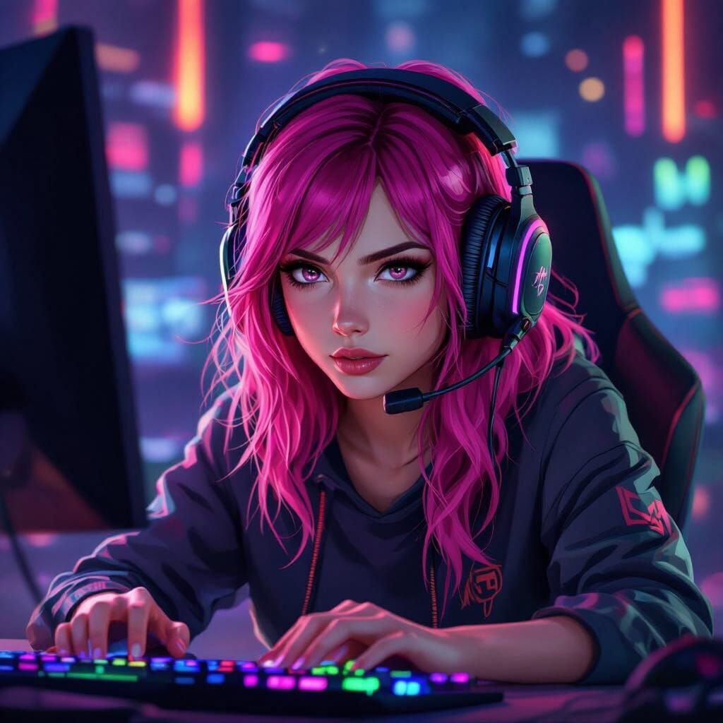 Gamer Girl with Pink Hair in Anime Style