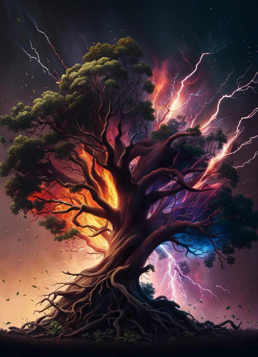 Exploding Tree Struck by Lightning: Hyperrealistic Photograp...