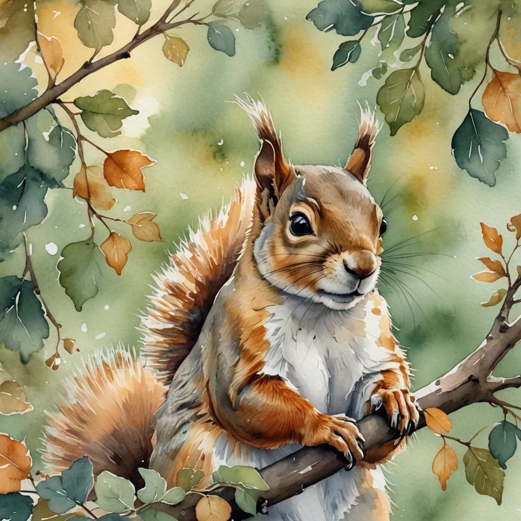Watercolor Squirrel Portrait on Branch