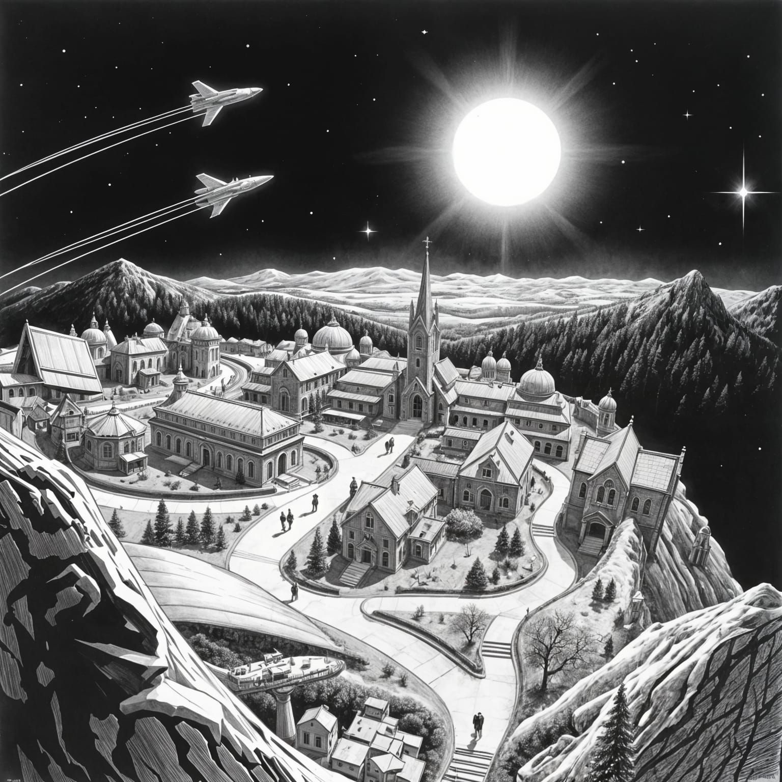 Majestic Lunar Village in Black and White Pen Style