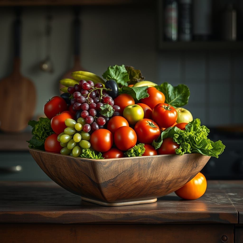 Exotic Fruits and Vegetables in a Weathered Wooden Bowl