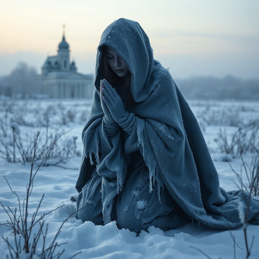 Frozen Woman in Snowy Field Near Abandoned Church