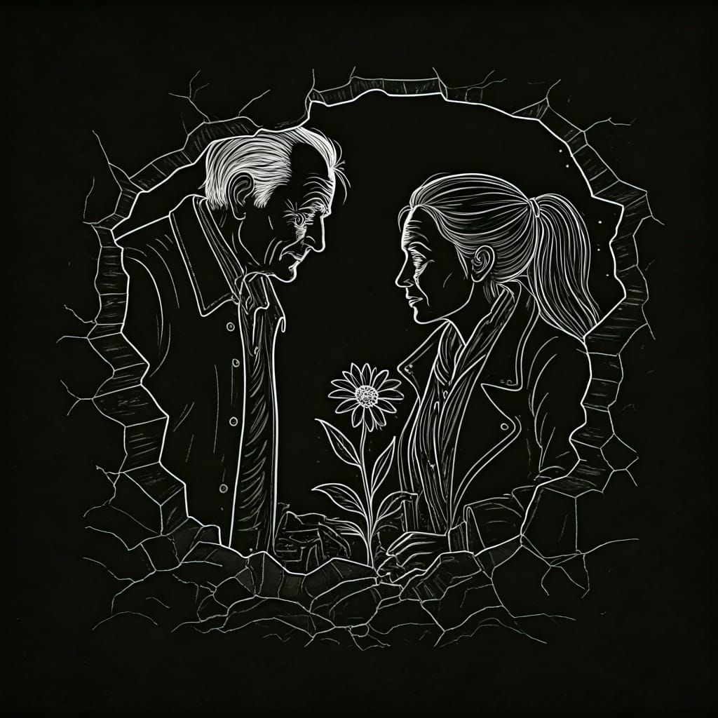 Hopeful Encounter: Flower in Rubble Line Art