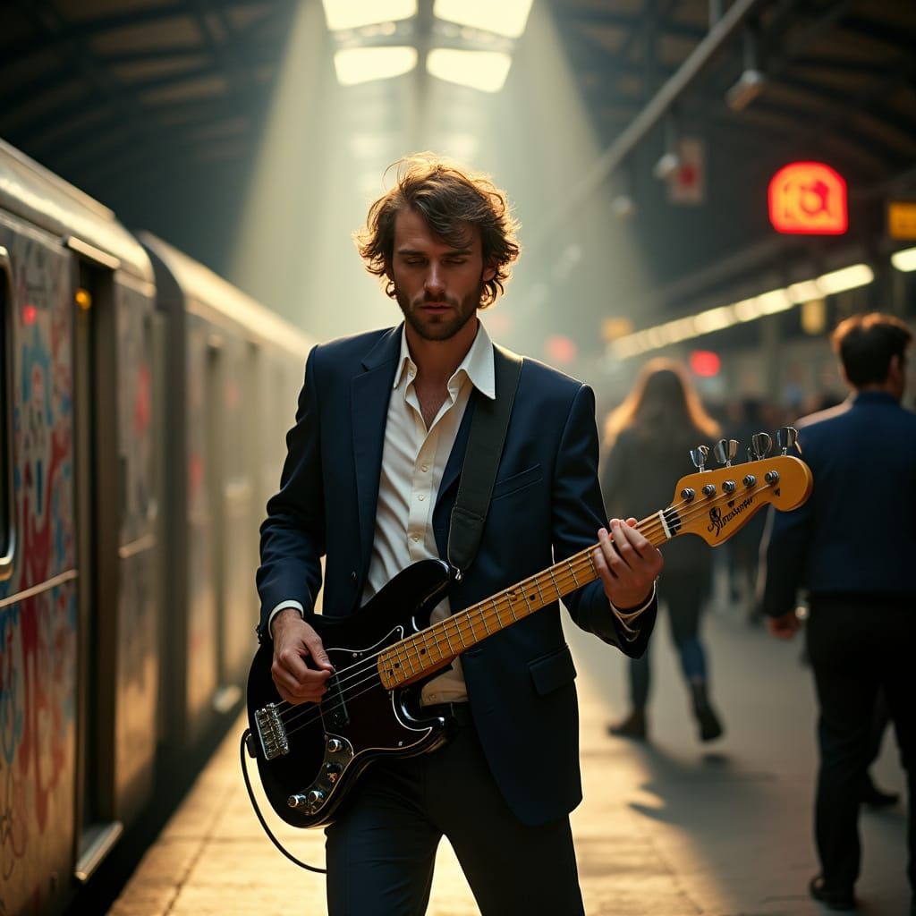 Man Plays Bass Guitar on Subway Platform in Dramatic Light