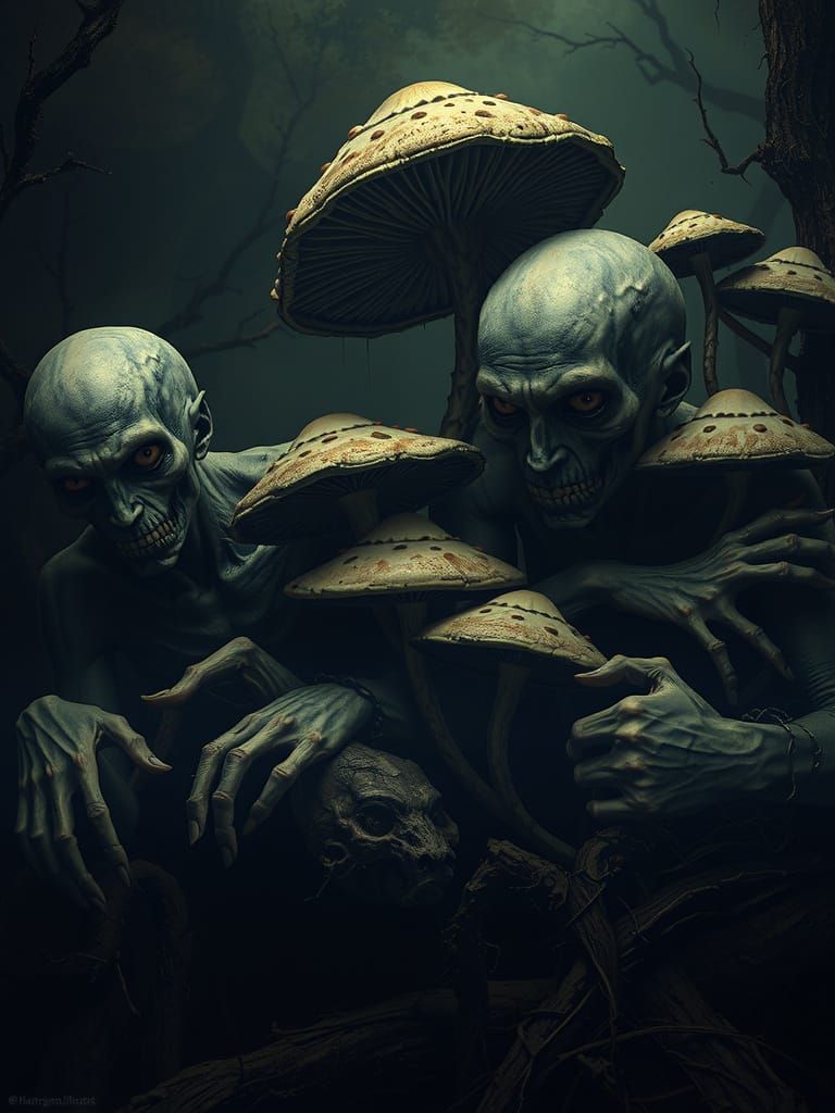 Macabre Zombies Entwined with Twisted Mushrooms in Dark, Got...
