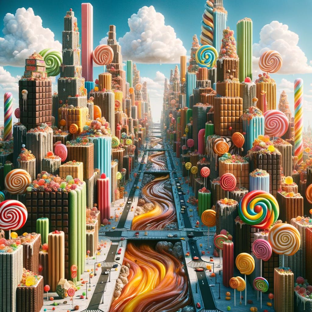 Whimsical Candy Cityscape with Caramel Rivers and Cotton Can...