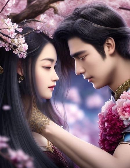 Romantic Cherry Blossom Meeting: Fantasy Portrait