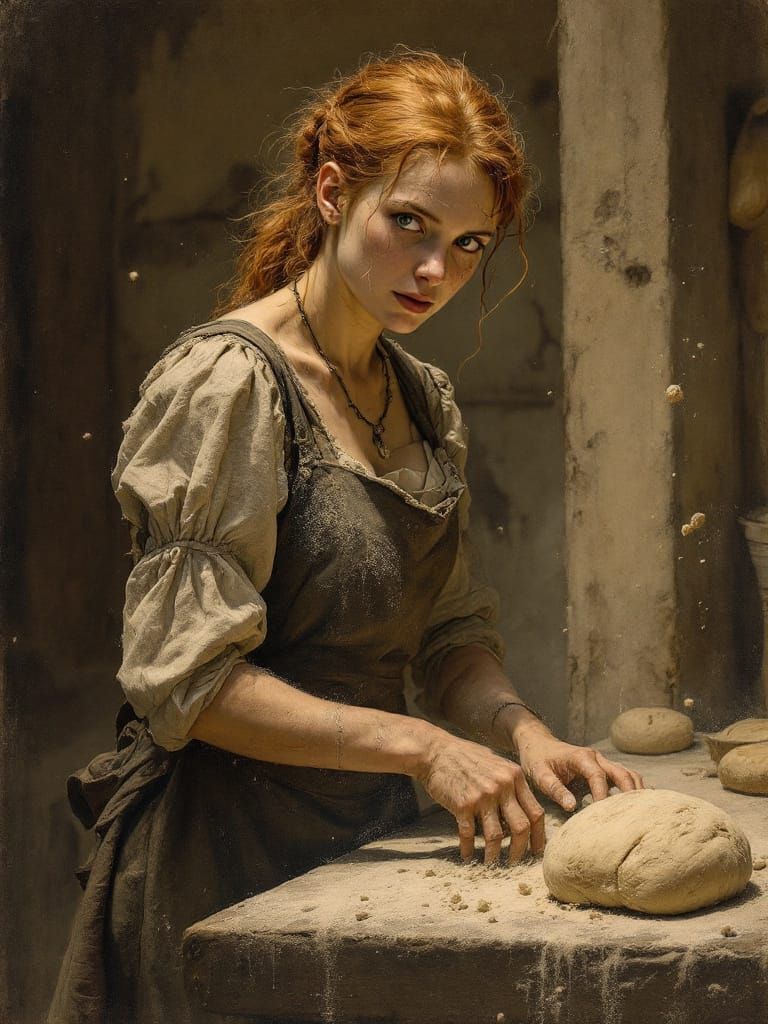Redhead Baker Kneading Dough in a Dusty Frontier Kitchen