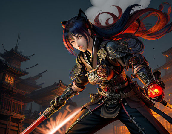 Steampunk Samurai Neko Fembot in Intricate Copper and Blue G...