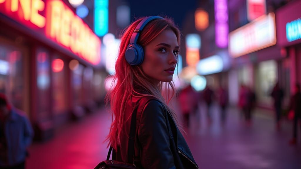 DJ Walks City Street at Night in Futuristic Style