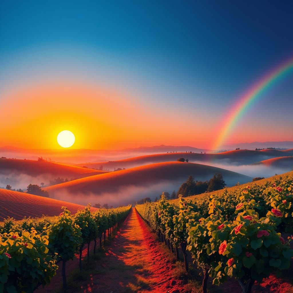 Impressionist Sunset Vineyard in Dreamy Light