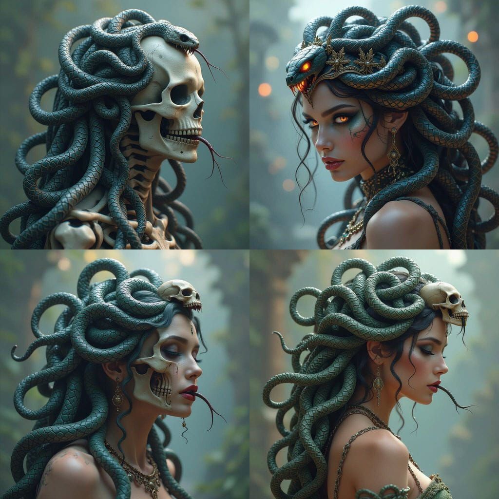 Medusa Bitten by Snake Skeleton, Fantasy Concept Art