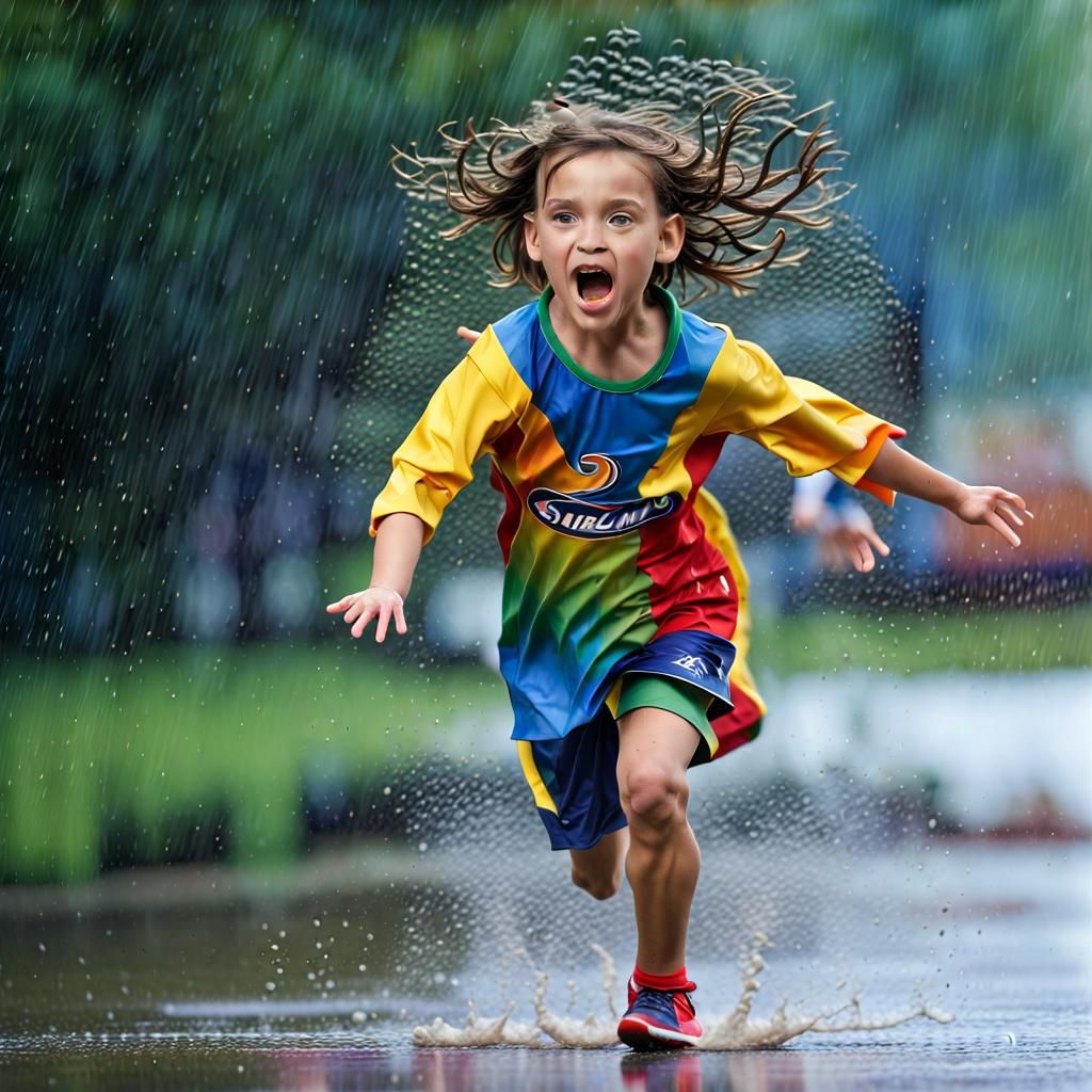 Happy Child Plays in Rain: Hyperrealistic Photo