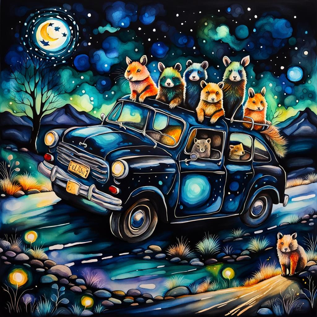 Alcohol Ink Animals Driving at Night with Surreal Glow