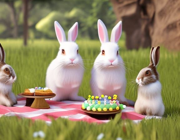 Rabbits Picnic: 3D Photorealistic Scene