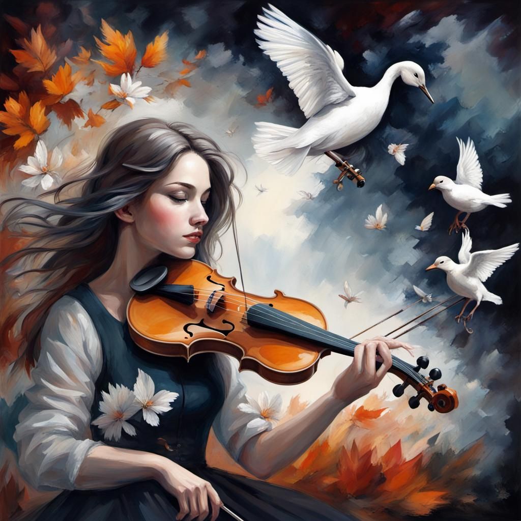 Young Woman Plays Violin for Birds by Lake