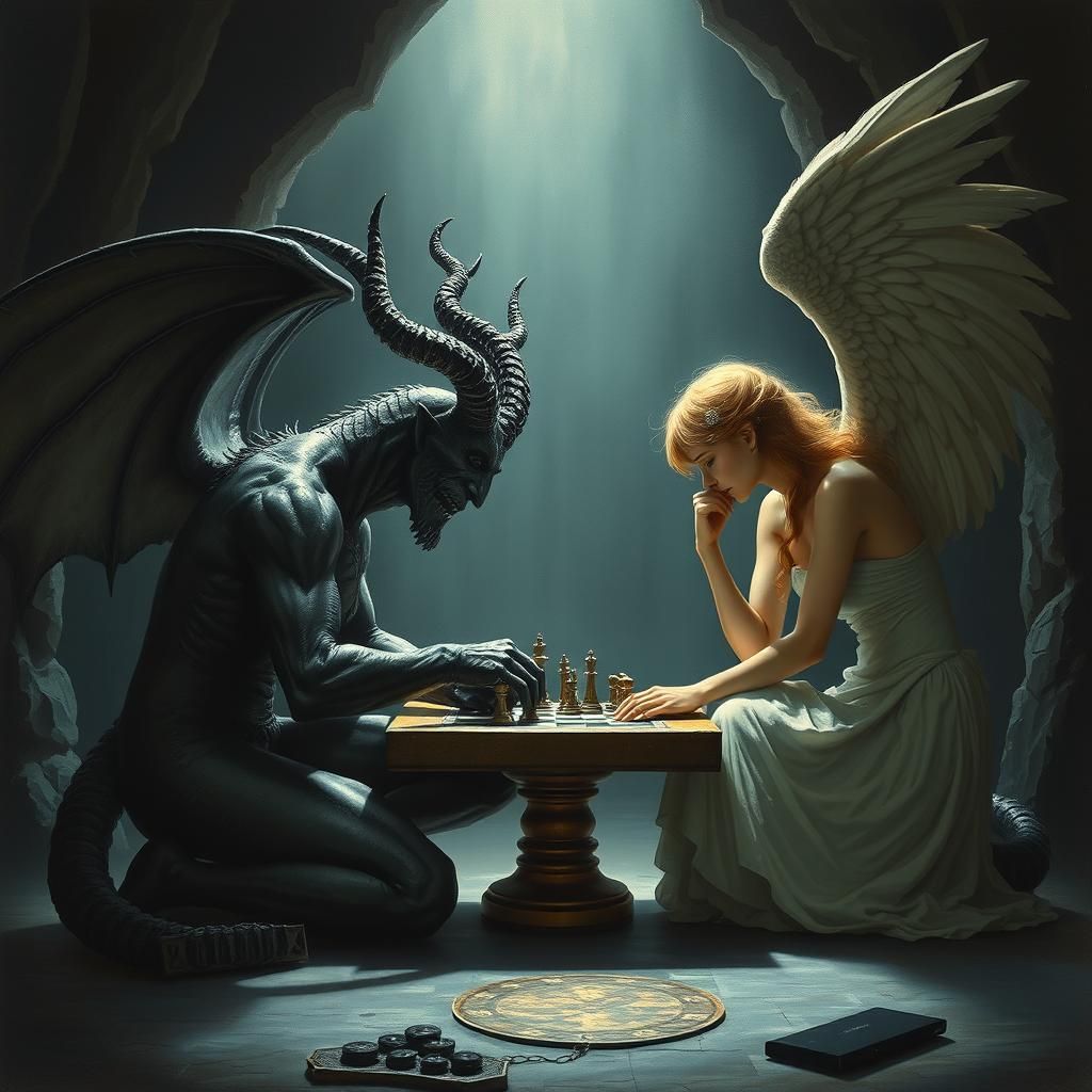 Demon Versus Angel Chess Match in Cave