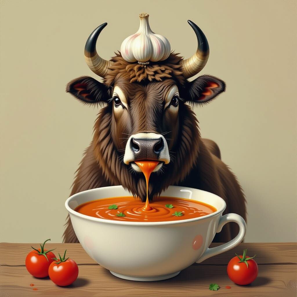 Surreal Lion in Tomato Soup with Garlic Hat
