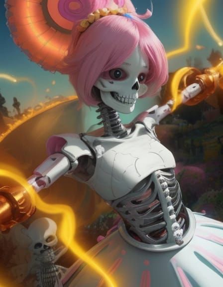 Joyful Skeleton Dancer in Dreamlike Anime Landscape