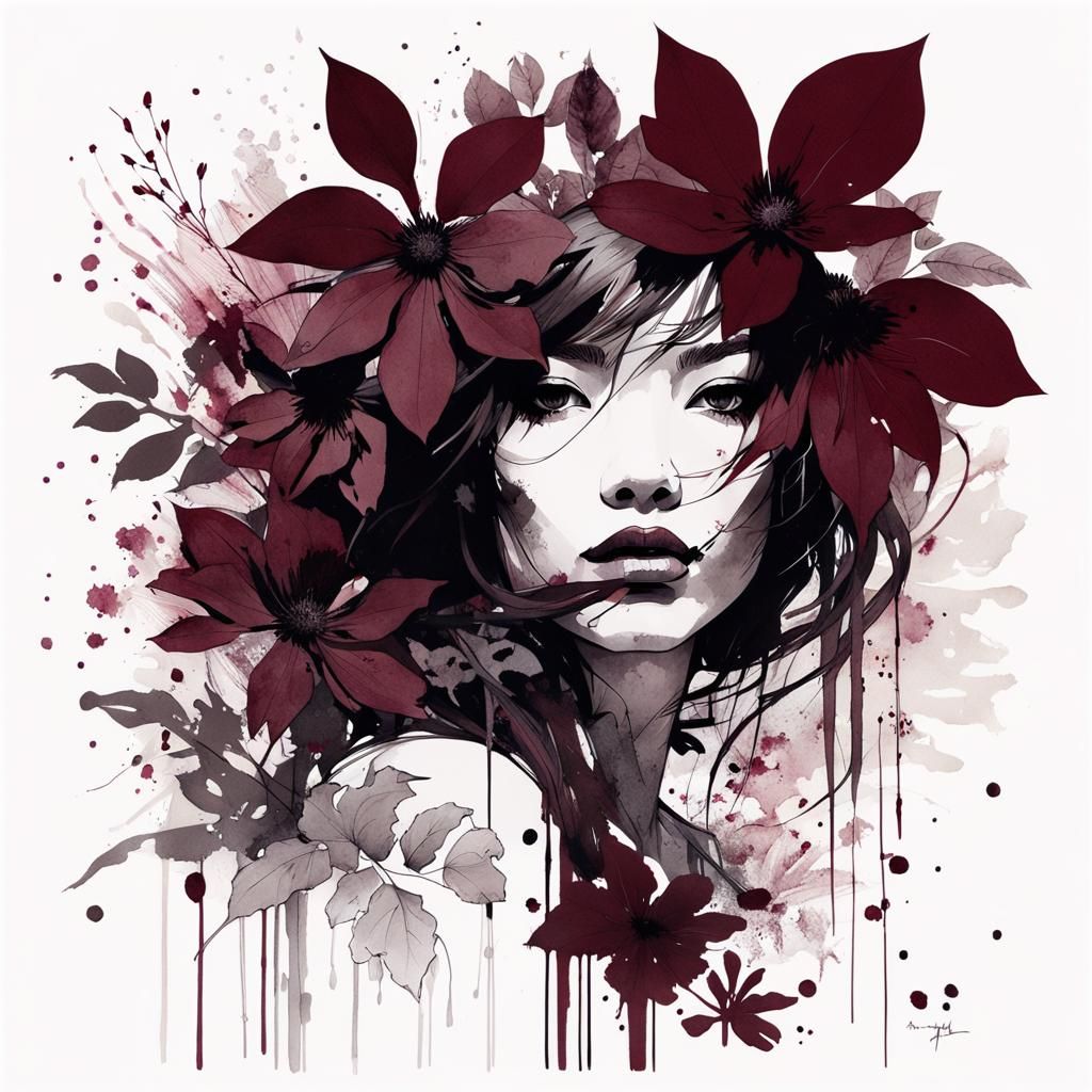 Botanical Ink Portrait with Floral Hair Ornament