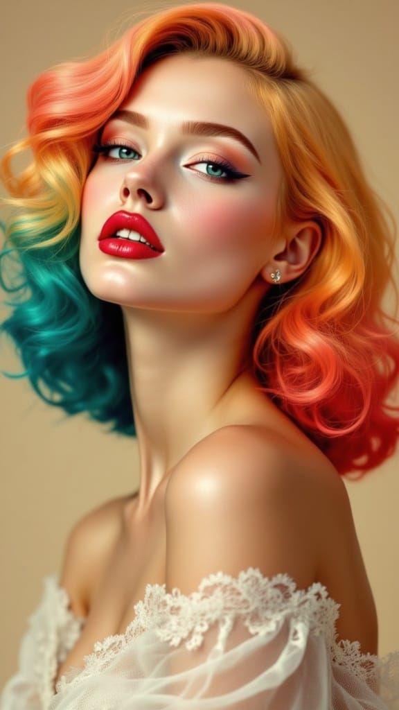 Confident Woman in Vibrant Hair and Red Lips