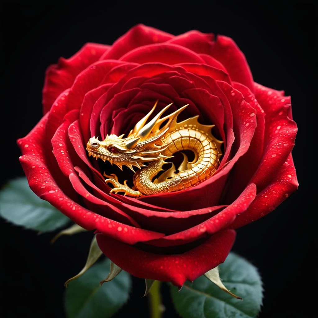 Golden Dragon Curled in Red Rose, Macro Photography