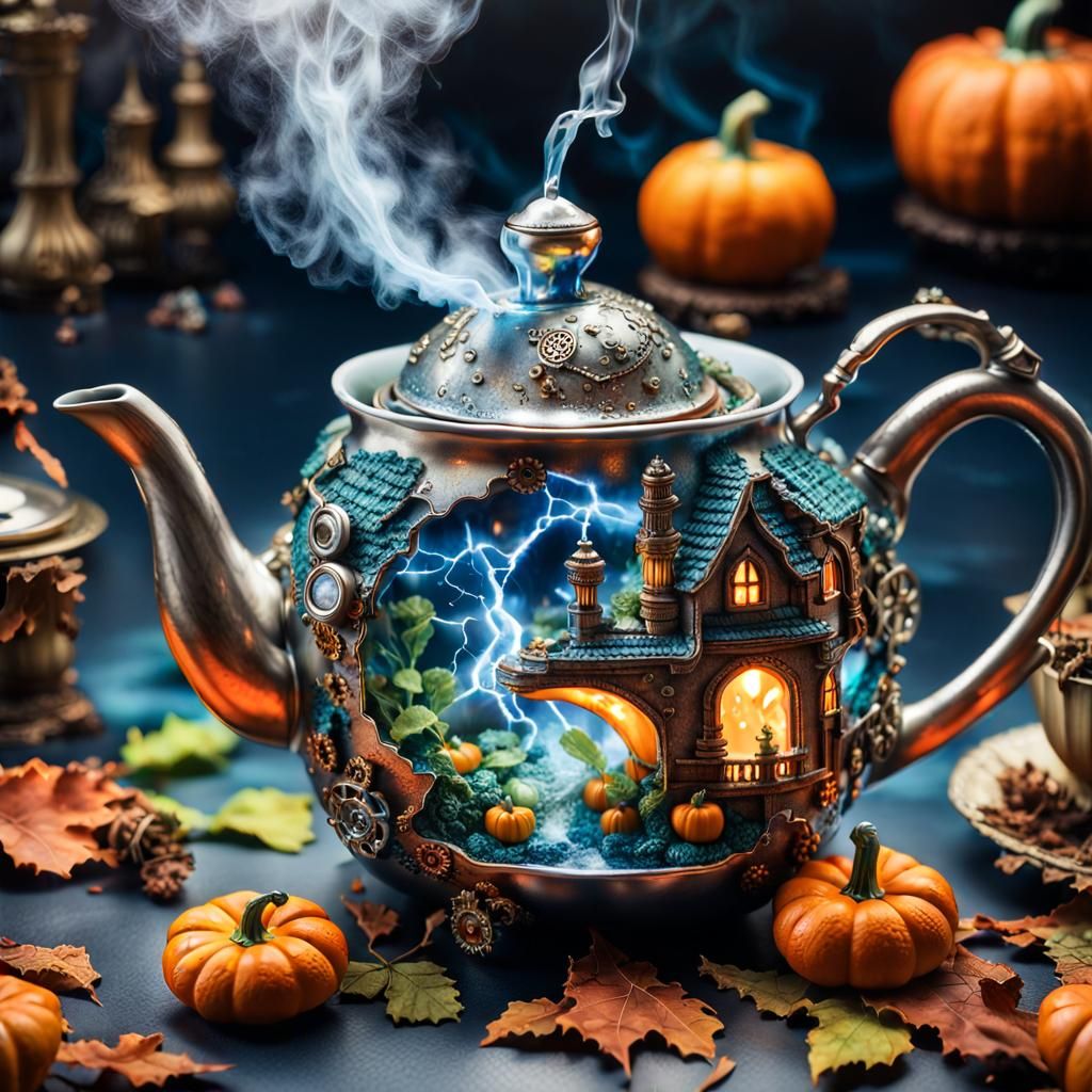 Steampunk Genie in Teapot with Miniature Universe