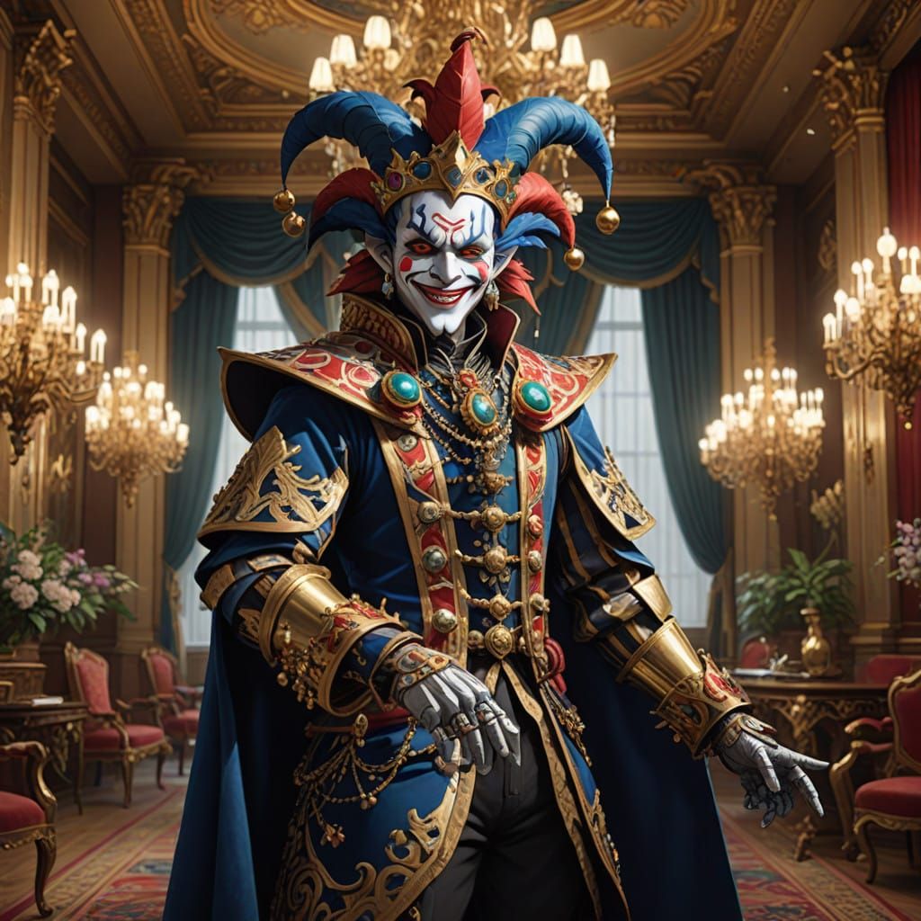 Majestic Jester on Ornate Stick, Set Against Opulent Theatre...