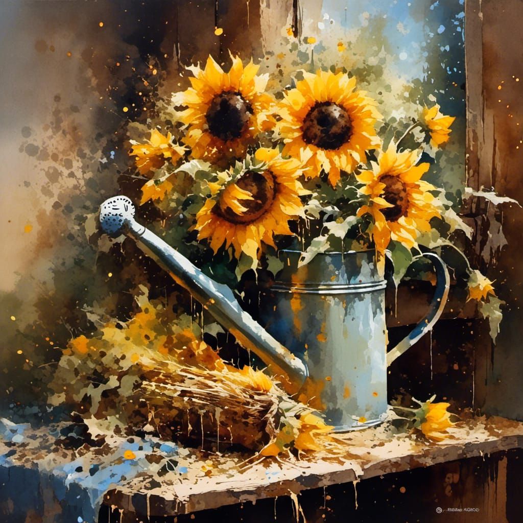 Sunflowers in Vintage Watering Can: Watercolor Splash Art