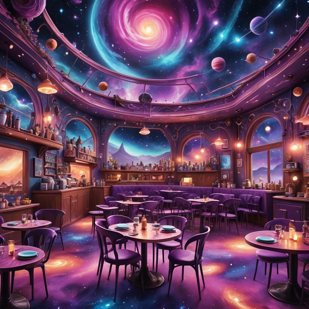 Mystical Nebula Cafe with Holographic Colors