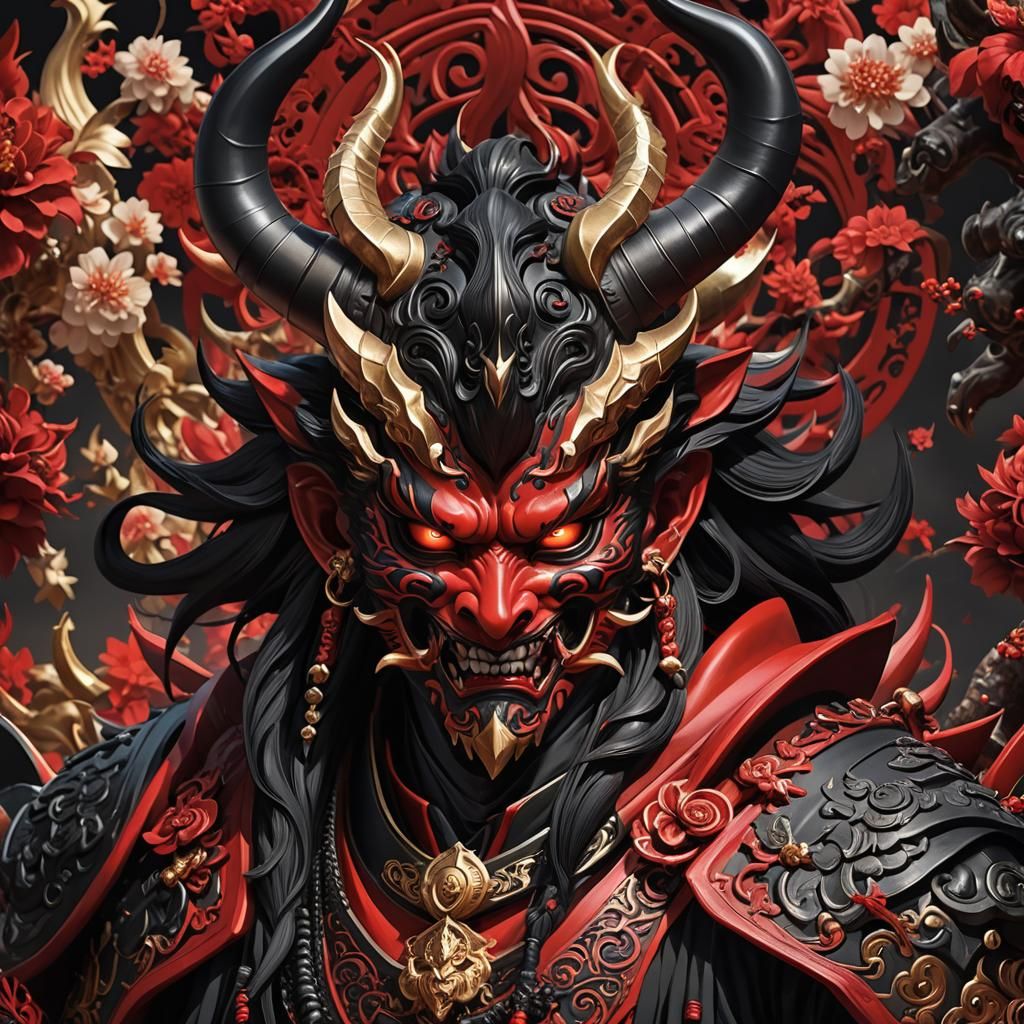 Red and Black Horned Demon Samurai Statue