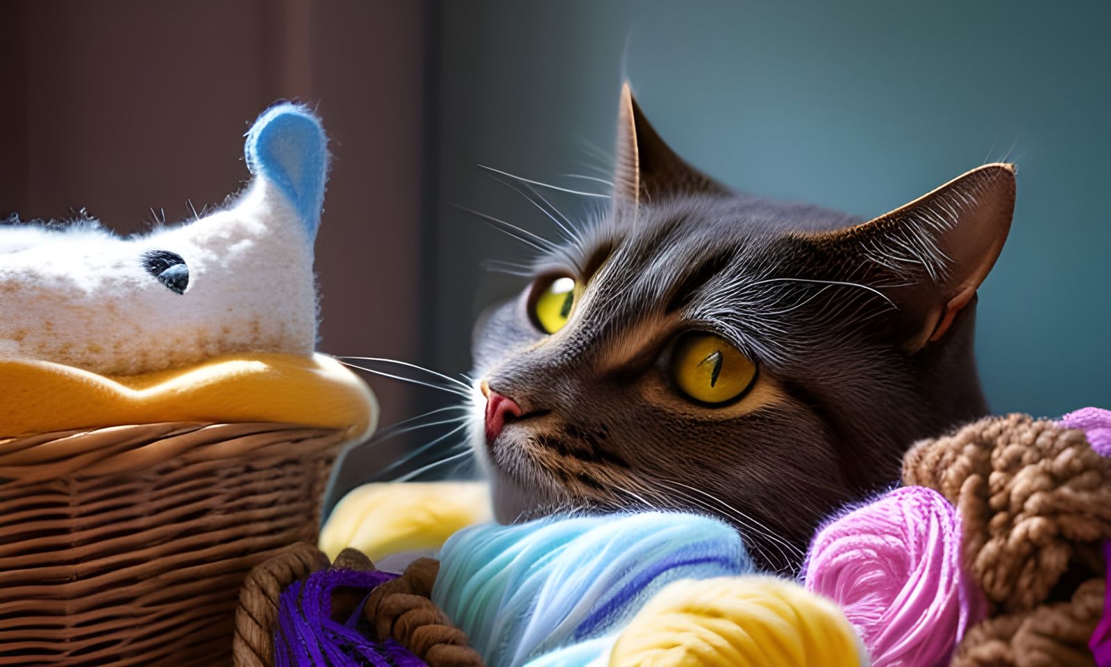 Fluffy Cat in Yarn Basket Digital Illustration