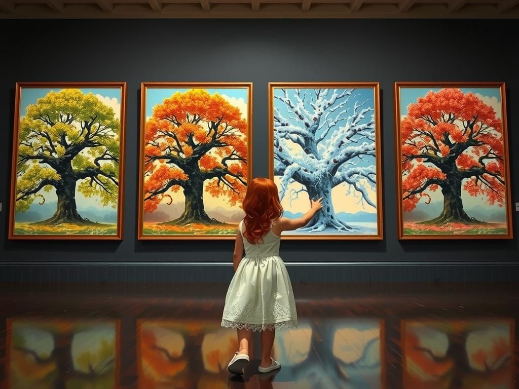 Girl Viewing Seasonal Tree Paintings in Museum