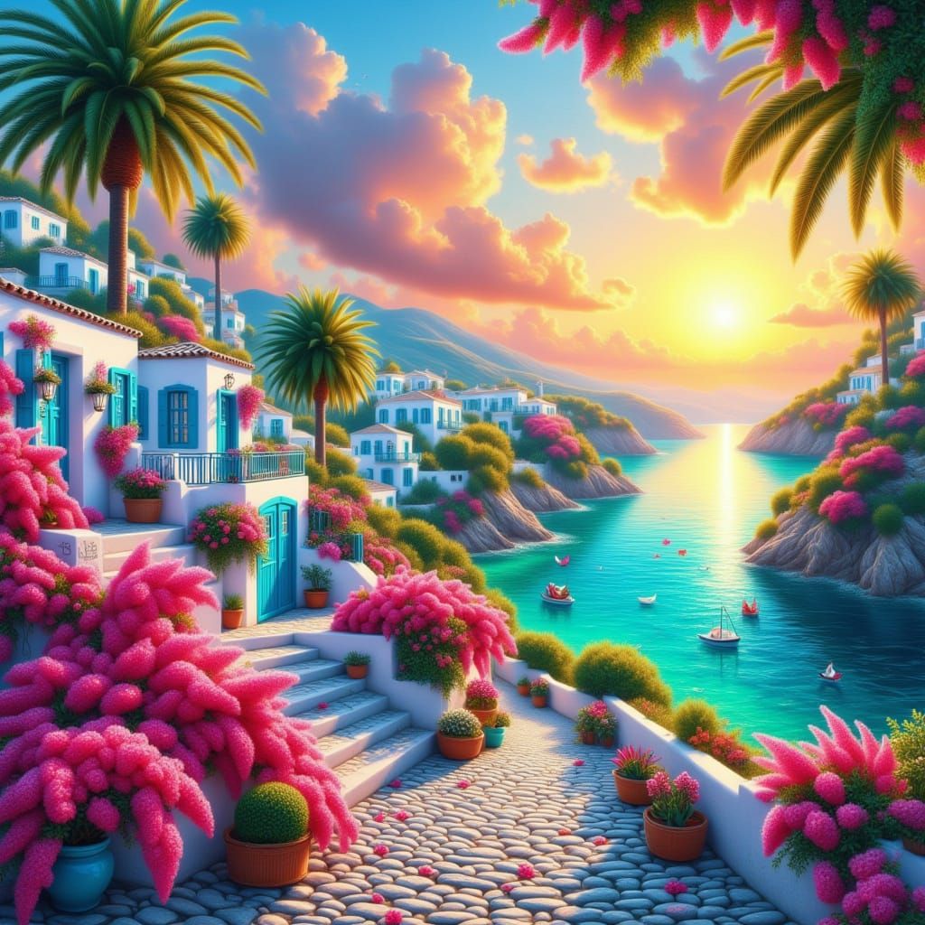 Santorini Sunset Over White Buildings in Golden Hour