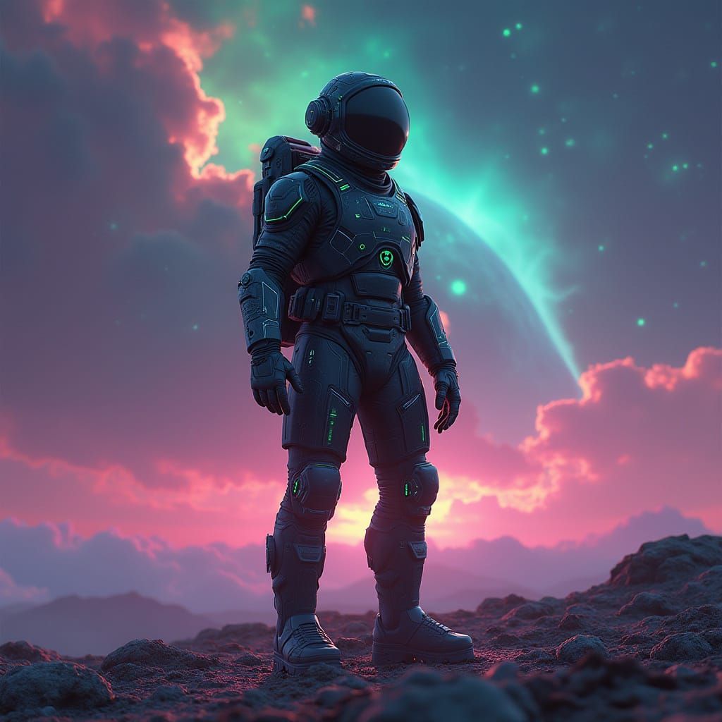 Astronaut on Distant Planet in Futuristic Style
