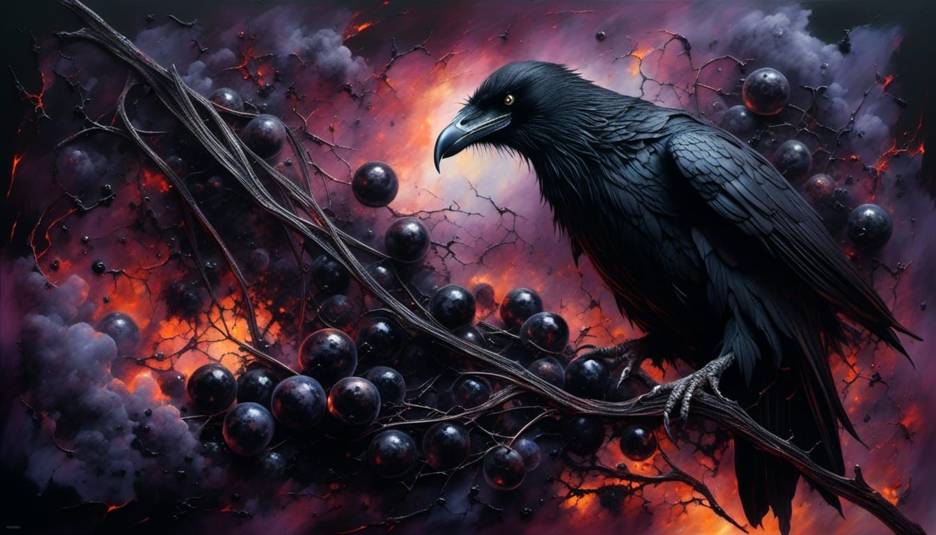 Raven's Cherry Feast at Dusk: Dreamy Botanical Art