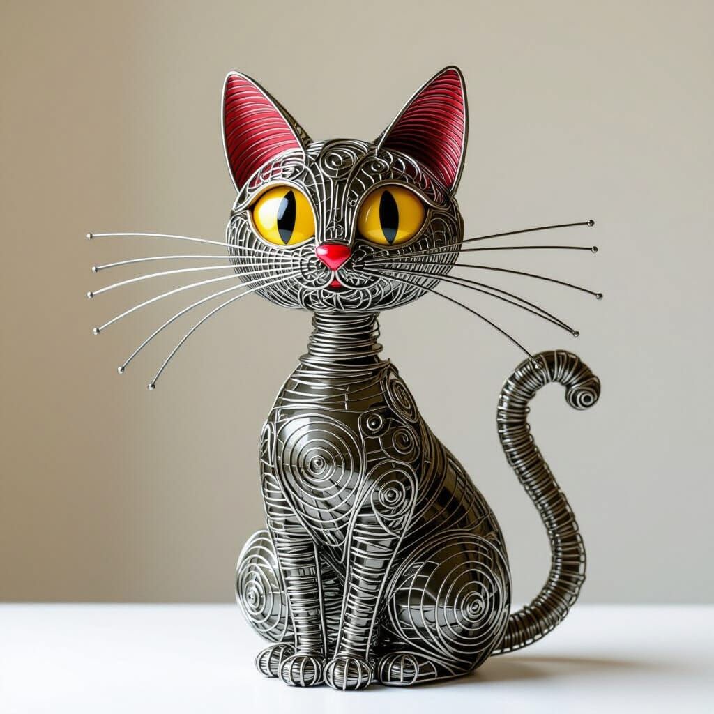 Whimsical Wire Cat Sculpture in Miyazaki and Calder Style